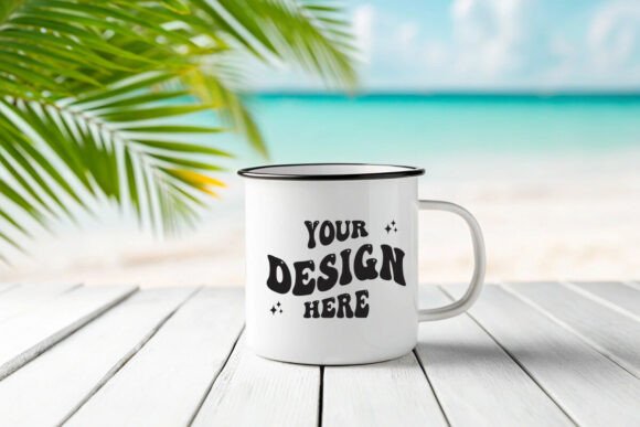 Beach Enamel Camping Mug Mockup for Graphics and Product Mockups