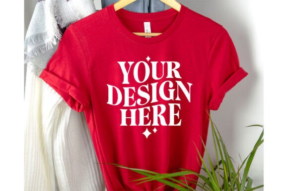 Red Bella Canvas 3001 Hanging Mockup for Graphics & Product Mockups